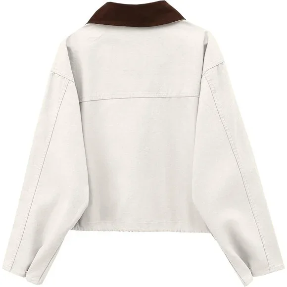 Women's Cream Cropped Contrast Collar Utility Coat Cargo Jacket Imported - Picture 2 of 6